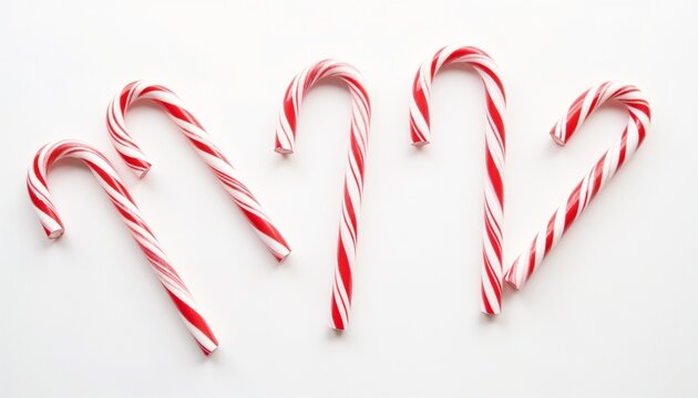 Christmas candy canes scattered across a table in festive red and white colors