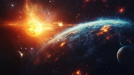 Obraz premium Stunning cosmic view of fiery sun and planetary system in deep space