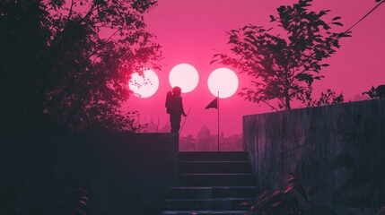 Silhouetted figure on steps, vibrant pink sunset, surreal landscape