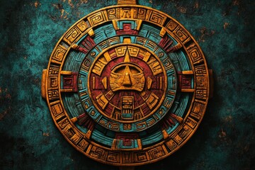 Intricate Mayan-style circular design featuring a central mask, vibrant colors, and symbolic glyphs.