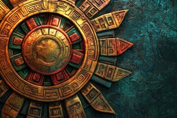 Obraz premium Intricate sun-like design, Aztec or Mayan inspired, metallic hues, rich textures, geometric patterns.