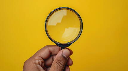 Business achievement goal and objective target concept. Hand holding magnifying glass focusing on target goal on yellow background. Growth investing, Moving towards determination, Step planning.