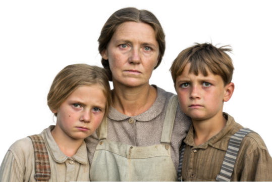 Family portrait of rural individuals showcasing resilience and emotion in a historical setting with children and mother