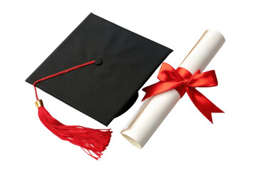 Graduation cap and diploma with red ribbon representing academic achievement and celebration of success
