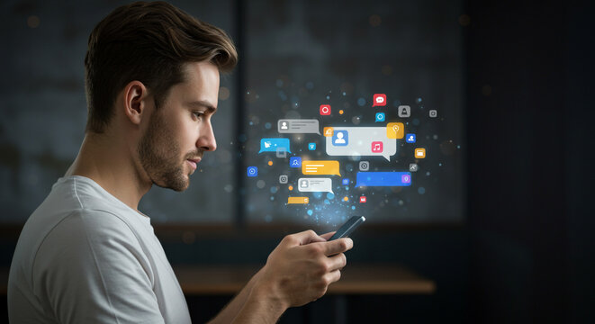 Man engrossed in mobile social media notifications and messages flood his screen dark background