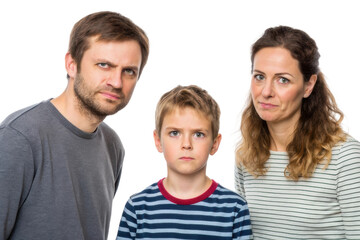 Family portrait expressing mixed emotions with parents and child in casual attire, focusing on connection and family dynamics