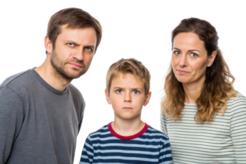 Family portrait expressing mixed emotions with parents and child in casual attire, focusing on connection and family dynamics