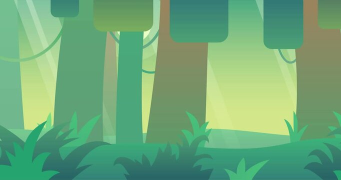 2D Parallax Looping Animation of a Deep Forest Landscape. Green trees, sun rays and distant hills.