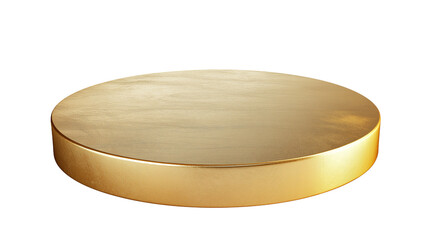 A gold sleek, flat display base with a circular shape, slightly elevated to showcase products prominently isolated on white background or transparent png 