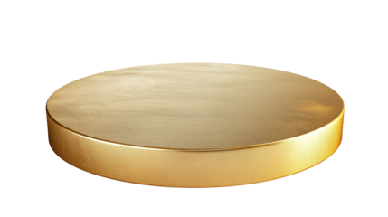 A gold sleek, flat display base with a circular shape, slightly elevated to showcase products prominently isolated on white background or transparent png 