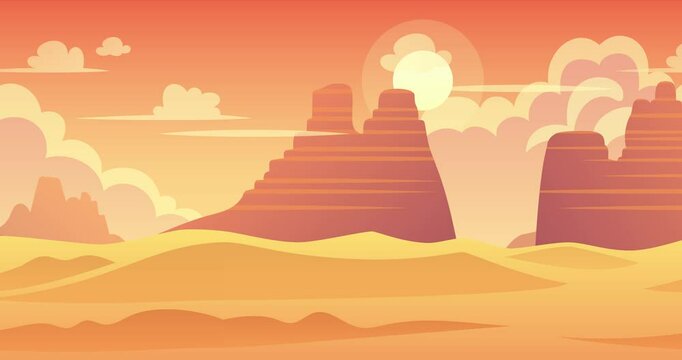 2D Parallax Looping Animation of Hot Desert Landscape. Yellow sand, fluffy clouds and distant mountain peaks.