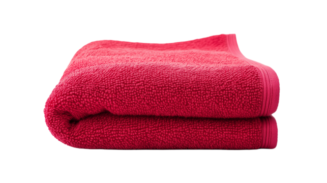 A maroon cotton towel folded neatly into a rectangular shape with crisp, clean edges isolated on white background or transparent png 