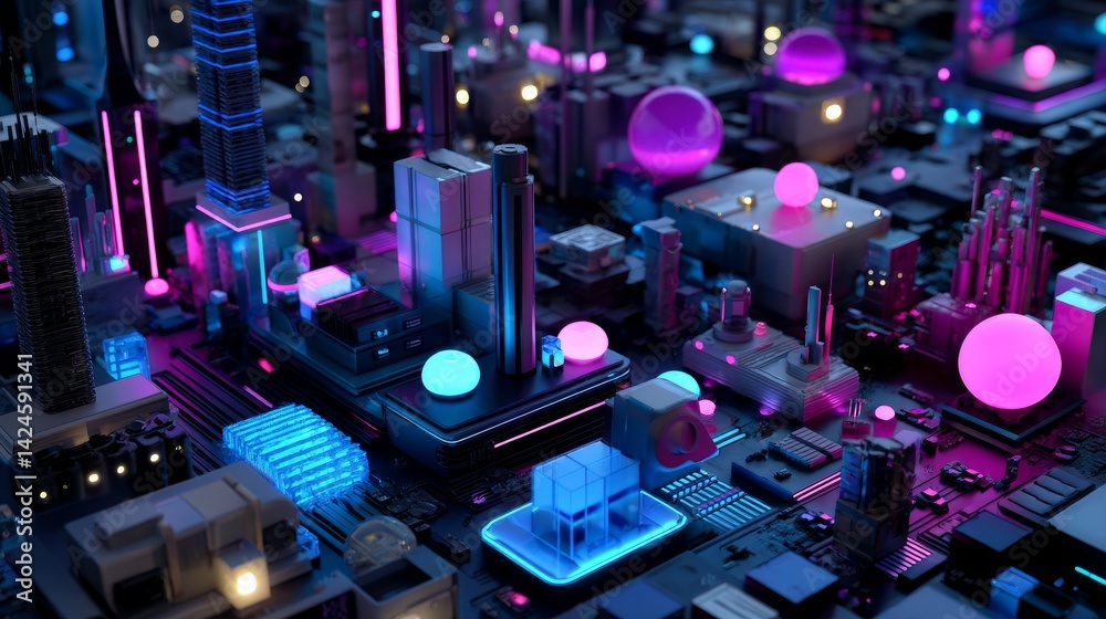 Wall mural a 3d rendering featuring an abstract tunnel set against an urban backdrop with futuristic pink neon 