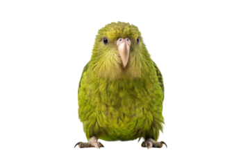 Bright green bird known as the kakapo, a rare parrot species, showcasing its unique features and vibrant plumage