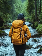 Woman Hiking Mountain Stream