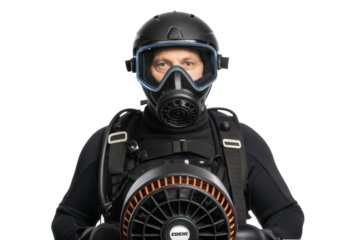 Professional diver prepares for underwater exploration with advanced breathing apparatus and safety gear