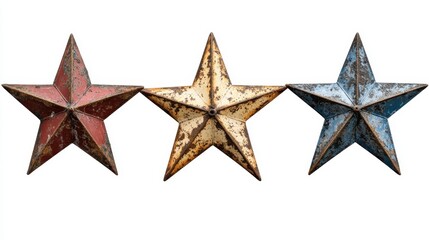 Obraz premium Rustic metal stars on white background: red, yellow, blue decor