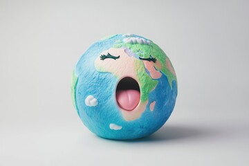 A cartoon Earth yawns widely, showcasing continents and clouds in a playful depiction of tiredness or exhaustion.
