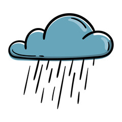 Precipitation, downpour, cloud. Weather forecast icon. Vector illustration for print, sticker, app. Hand drawn sign, symbol isolated on white background