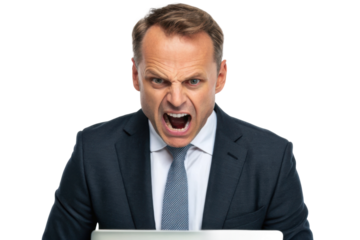 Businessman expressing frustration during a work crisis while using a laptop at the office