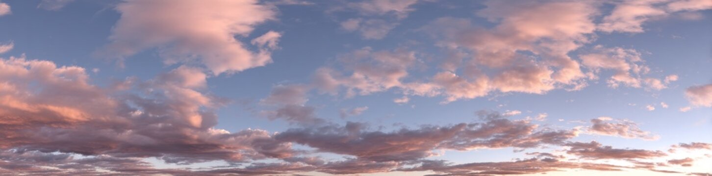 A dark blue sunset sky panorama featuring Cirrus clouds is available in a seamless hdr pano, presented in spherical equirectangular format