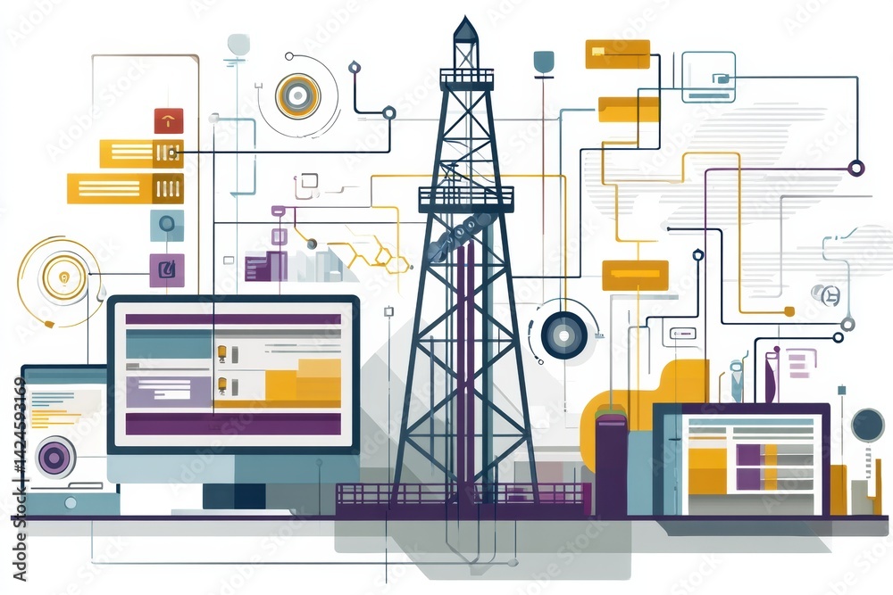 Leinwandbilder flat design representation of an oil rig integrated with advanced digital user interface elements il