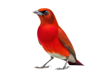 Vibrant red bird standing elegantly with striking plumage and a curious expression