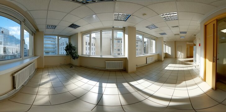 Full 360-degree seamless spherical HDRI panorama of an empty white room with repair, featuring huge panoramic windows, ideal for office or store interiors, presented in equirectangular projection
