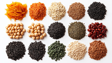 A clean, high-definition image that features an array of whole grains, legumes, and seeds arranged in a visually appealing manner on a minimalist white background. The ingredients include quinoa, oats