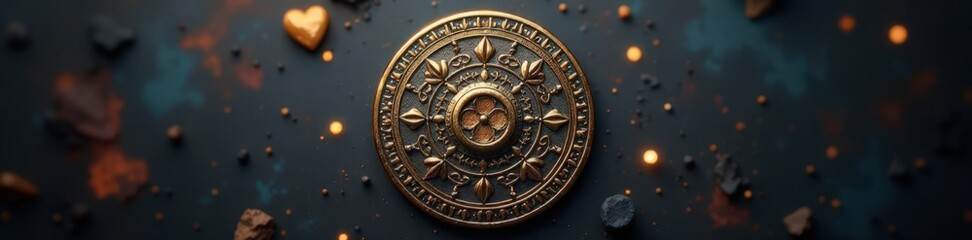 Small isolated circular pin badge with intricate metalwork and geometric patterns, accessory, minimalist, metallic