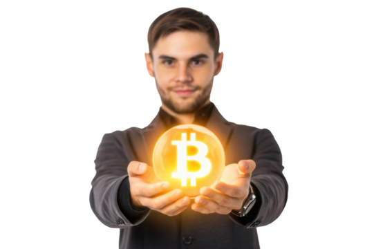 Demonstration of cryptocurrency concept with a young man holding a glowing Bitcoin symbol