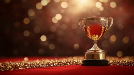Red Maroon Golden Curtain Stage Award Background. Trophy on Red Carpet Luxury Background. Modern Abstract Design Template. LED Visual Motion Graphics. Wedding Marriage Invitation Poster.