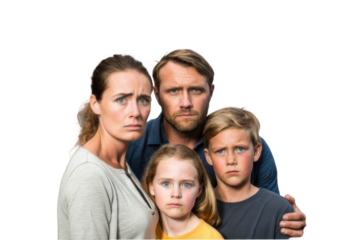 Family expressing concern and worry together for a serious topic in a modern indoor environment