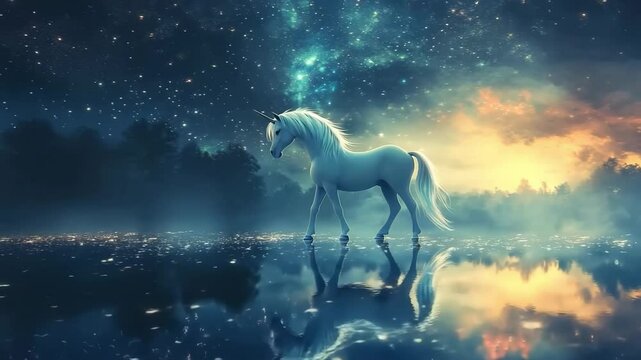 A majestic unicorn stands still beside a reflective lake under a starry sky and rising sun. This enchanting fantasy scene captures magic, serenity, and celestial beauty in a dreamlike natural setting.