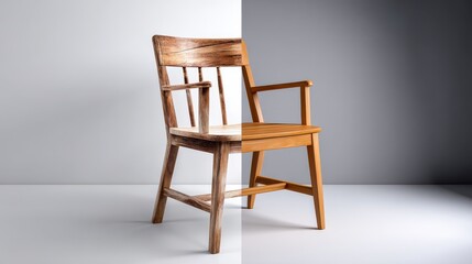 Fototapeta premium Two-toned wooden chair: Half unfinished, rustic wood and half modern, finished wood.
