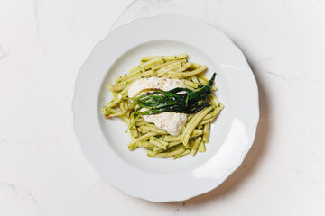 Casarecce Pasta with Wild Garlic, Pesto Sauce and Stracciatella