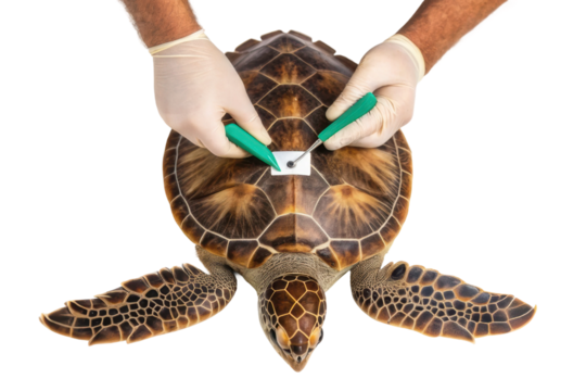 Caring for sea turtles during a health checkup and tagging process in marine conservation efforts