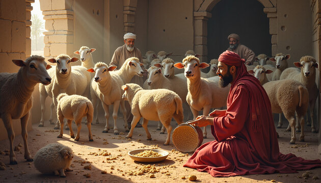 Man feeding sheep inside a barn
