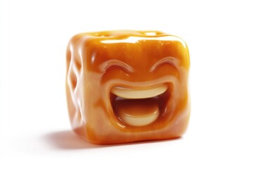 A happy, caramel-colored cube with a wide smile, possibly a candy or toy.