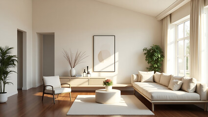 Fototapeta premium Bright Modern Living Room with Arched Windows and Neutral Palette