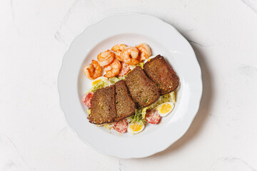 Appetizing Caesar Salad with Shrimps