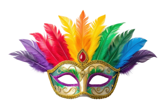 Vibrant carnival mask adorned with colorful feathers for festive celebrations and parties