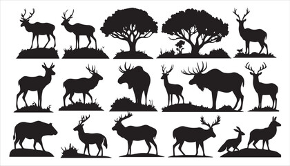 This black vector set features a silhouette collection of wild and farm animals