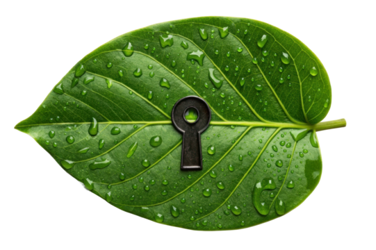 Symbolic representation of security and nature with a keyhole on a green leaf, emphasizing sustainability and protection concepts