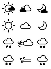 Weather icons. Weather forecast icons set. Clouds, sunny day, rain, moon, wind. Flat vector illustration