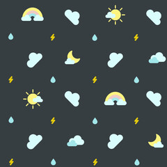 Seamless bright pattern about weather on a dark background: rainbow, cloud, sun, moon, lightning, drop