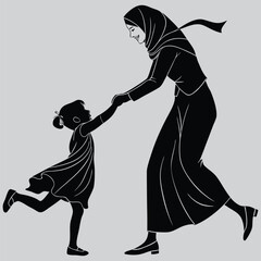 Wearing hijab  Mother dancing with child image silhouette design vector art and illustration	