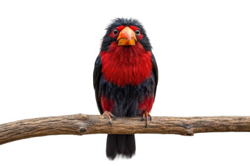 Obraz premium Vibrant bird perched on a branch showcasing striking red and black plumage in natural habitat