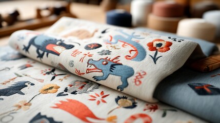 Close-up of embroidered fabric, showcasing colorful dragons, flowers, and patterns