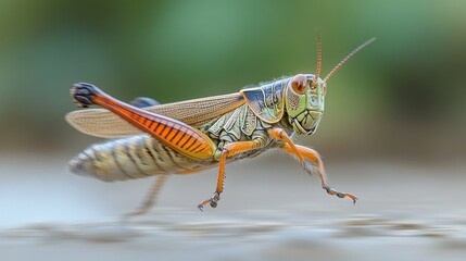 Close-up of a vibrant grasshopper in motion.  Detailed view of its colorful body, legs, and antennae.  Natural setting